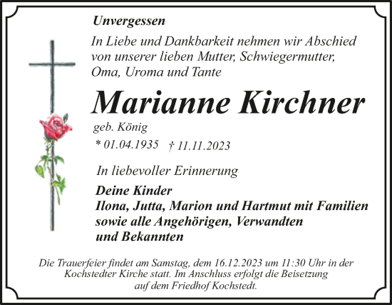 Traueranzeige von Marianne Kirchner von Trauerkombi Dessau