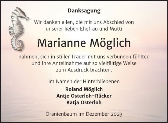 Traueranzeige von Marianne Möglich von Trauerkombi Dessau