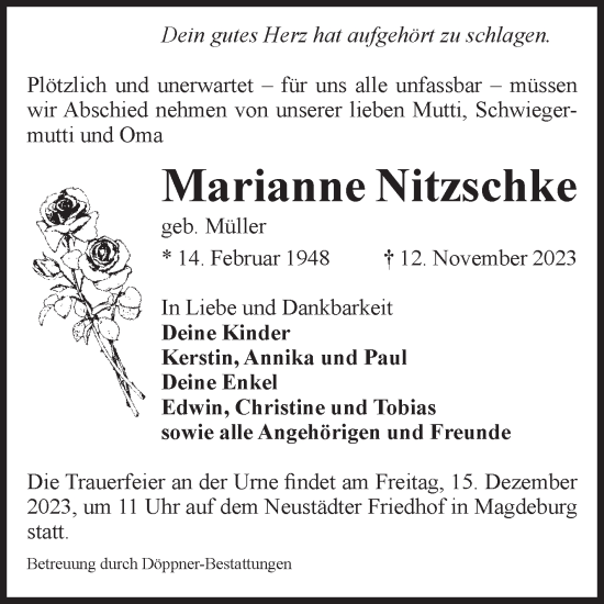 Traueranzeige von Marianne Nitzschke von Volksstimme Magdeburg