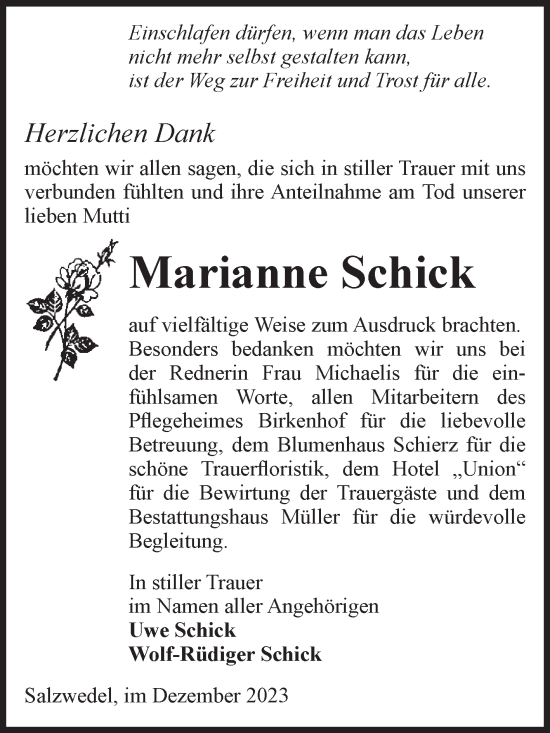 Traueranzeige von Marianne Schick von Volksstimme Altmark West