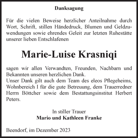 Traueranzeige von Marie-Luise Krasniqi von Volksstimme Haldensleben/Wolmirstedt