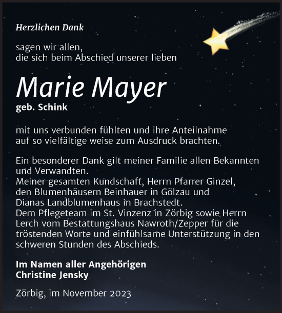 Traueranzeige von Marie Mayer von Trauerkombi Bitterfeld