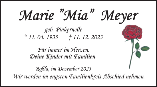 Traueranzeige von Marie Meyer von Trauerkombi Sangerhausen