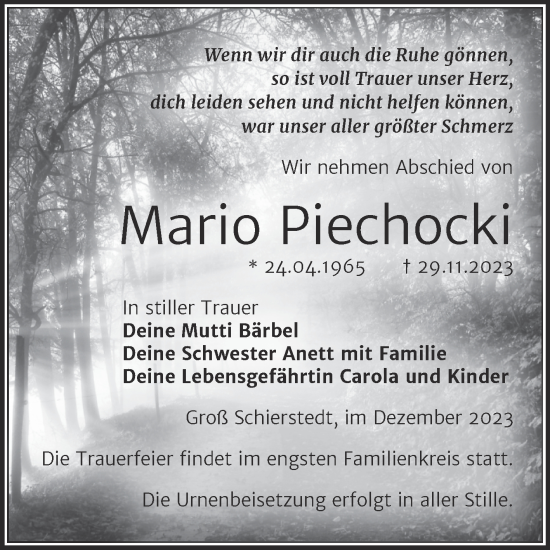 Traueranzeige von Mario Piechocki von Trauerkombi Aschersleben