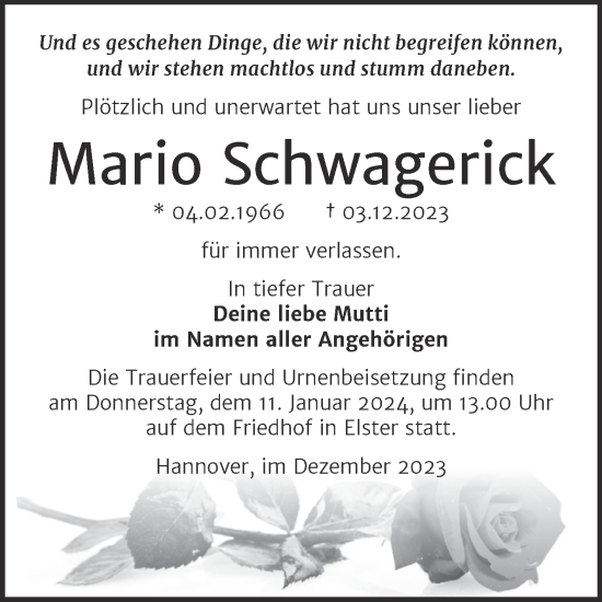 Traueranzeige von Mario Schwagerick von Trauerkombi Wittenberg