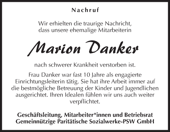 Traueranzeige von Marion Danker von Volksstimme Haldensleben/Wolmirstedt