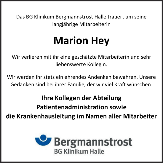 Traueranzeige von Marion Hey von Mitteldeutsche Zeitung Halle/Saalkreis