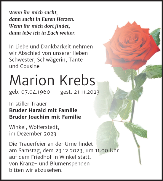 Traueranzeige von Marion Krebs von Trauerkombi Sangerhausen