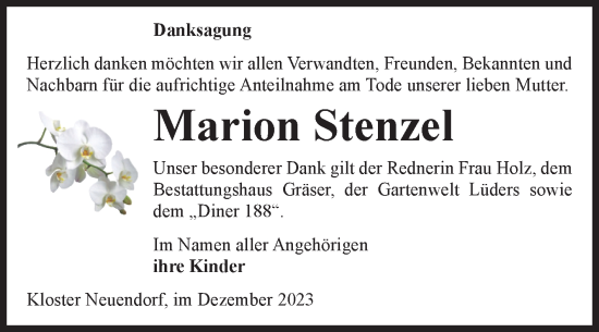 Traueranzeige von Marion Stenzel von Volksstimme Altmark West