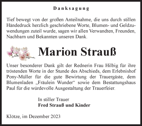Traueranzeige von Marion Strauß von Volksstimme Altmark West
