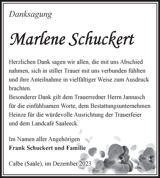 Traueranzeige von Marlene Schuckert von Volksstimme Schönebeck