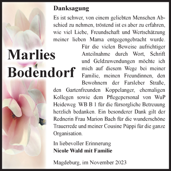 Traueranzeige von Marlies Bodendorf von Volksstimme Magdeburg