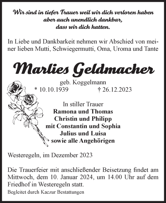 Traueranzeige von Marlies Geldmacher von Volksstimme Staßfurt