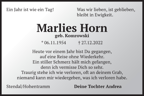 Traueranzeige von Marlies Horn von Volksstimme Altmark Ost