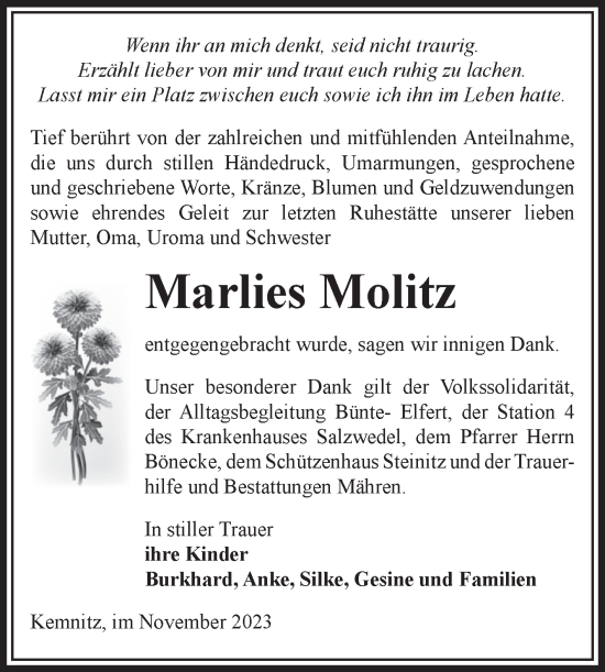 Traueranzeige von Marlies Molitz von Volksstimme Altmark West