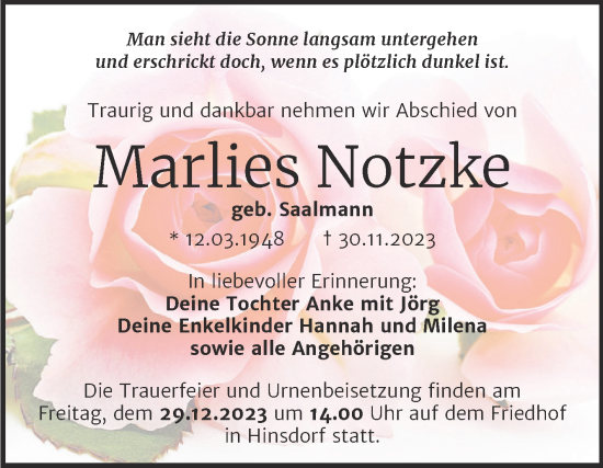 Traueranzeige von Marlies Notzke von Trauerkombi Köthen