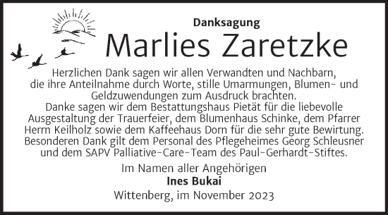Traueranzeige von Marlies Zaretzke von Trauerkombi Wittenberg