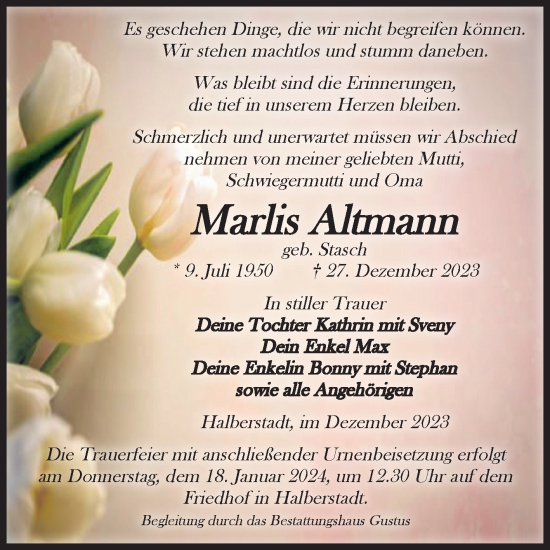 Traueranzeige von Marlis Altmann von Volksstimme Halberstadt