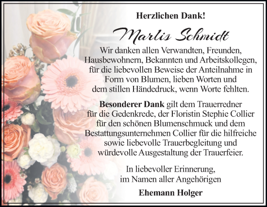 Traueranzeige von Marlis Schmidt von Trauerkombi Dessau