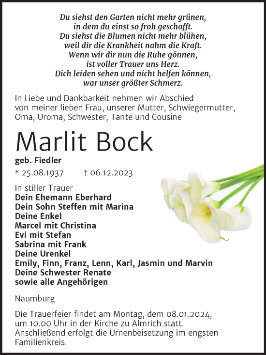 Traueranzeige von Marlit Bock von Naumburger Tageblatt