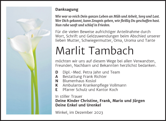 Traueranzeige von Marlit Tambach von Trauerkombi Sangerhausen