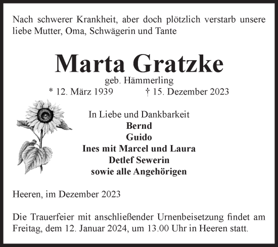 Traueranzeige von Marta Gratzke von Volksstimme Altmark Ost