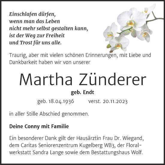 Traueranzeige von Martha Zünderer von Trauerkombi Weißenfels