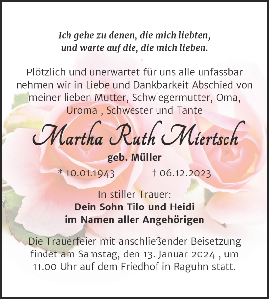 Traueranzeige von Martha Ruth Miertsch von Trauerkombi Bitterfeld