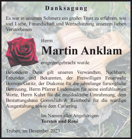 Traueranzeige von Martin Anklam von Volksstimme Zerbst