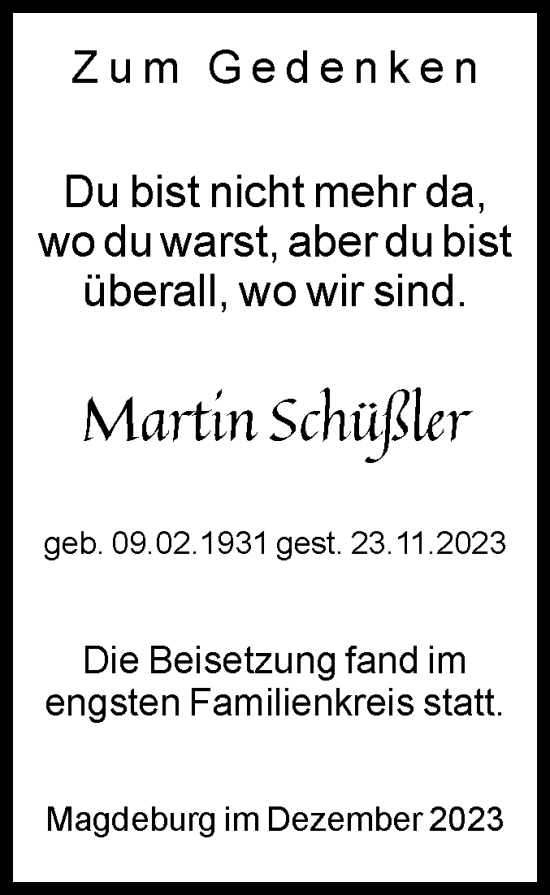 Traueranzeige von Martin Schüßler von Volksstimme Magdeburg