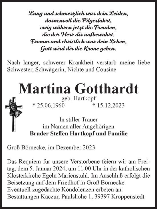 Traueranzeige von Martina Gotthardt von Volksstimme Staßfurt