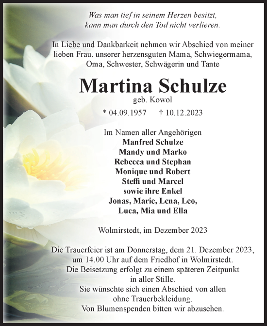 Traueranzeige von Martina Schulze von Volksstimme Haldensleben/Wolmirstedt
