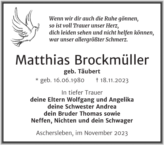 Traueranzeige von Matthias Brockmüller von Trauerkombi Aschersleben