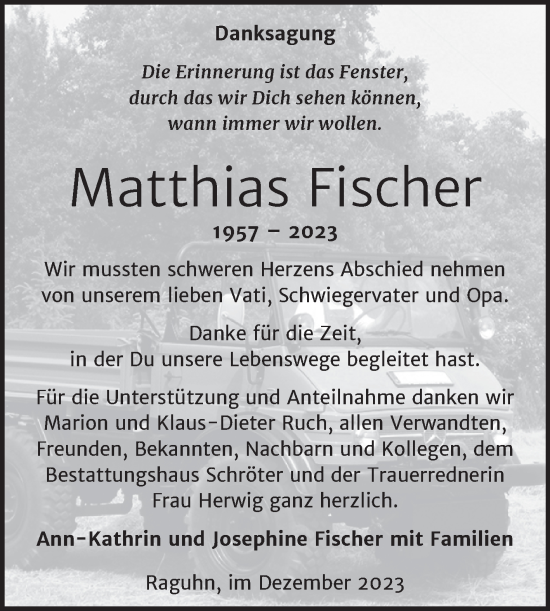 Traueranzeige von Matthias Fischer von Trauerkombi Bitterfeld
