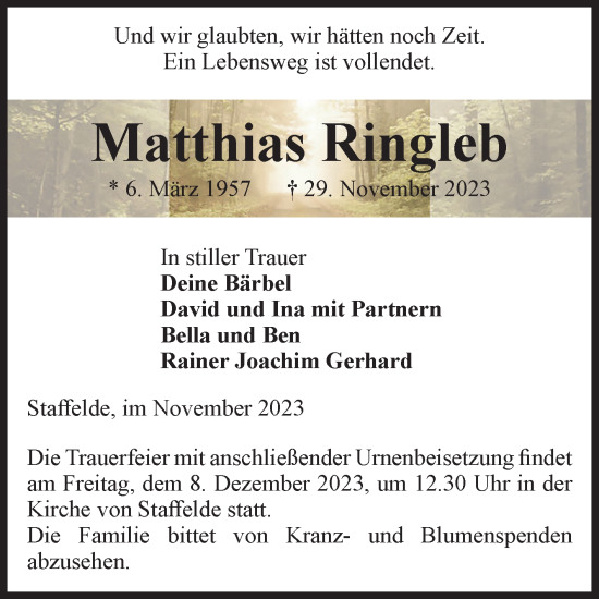 Traueranzeige von Matthias Ringleb von Volksstimme Altmark Ost