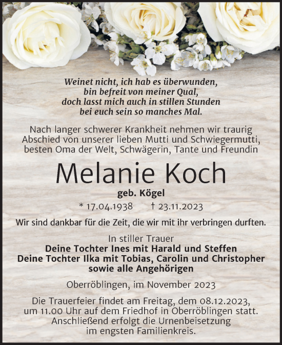 Traueranzeige von Melanie Koch von Trauerkombi Sangerhausen