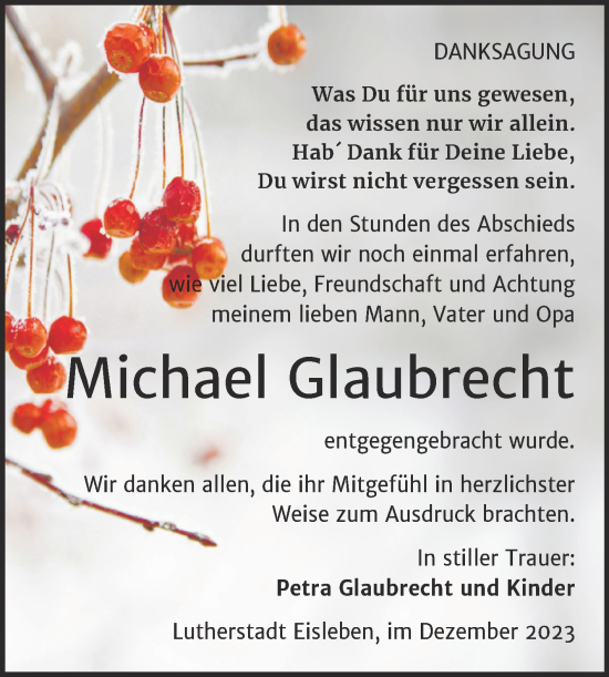 Traueranzeige von Michael Glaubrecht von Trauerkombi Mansfelder Land