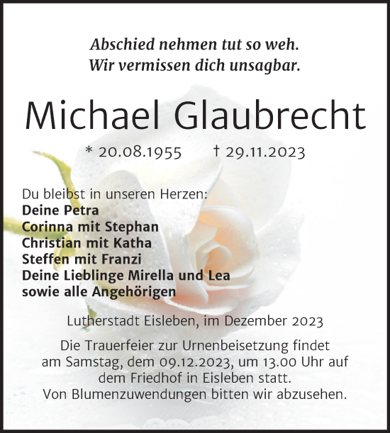 Traueranzeige von Michael Glaubrecht von Mitteldeutsche Zeitung Mansfelder Land