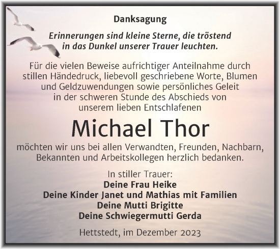 Traueranzeige von Michael Thor von Trauerkombi Mansfelder Land