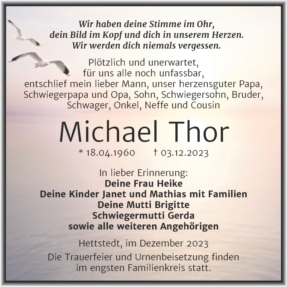  Traueranzeige für Michael Thor vom 09.12.2023 aus Mitteldeutsche Zeitung Mansfelder Land