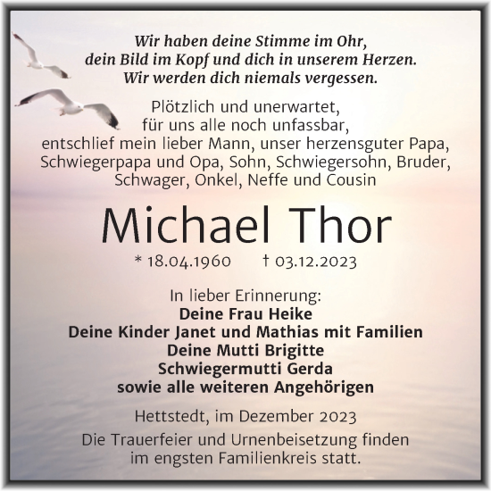 Traueranzeige von Michael Thor von Wochenspiegel Mansfelder Land