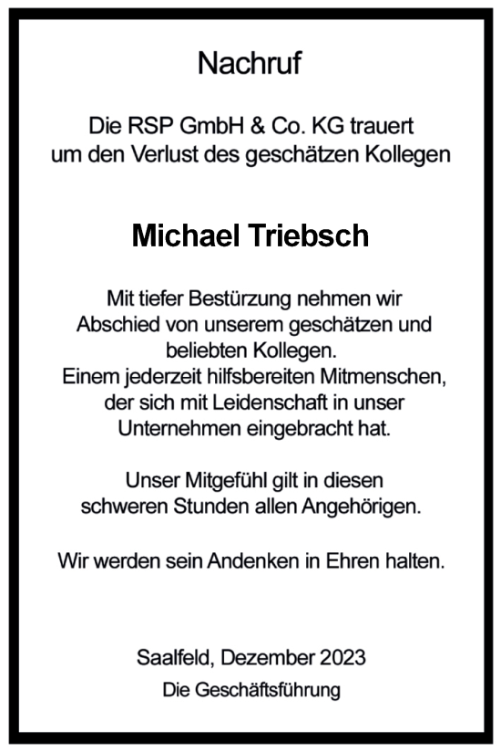 Traueranzeige von Michael Triebsch von Super Sonntag Naumburg/Nebra
