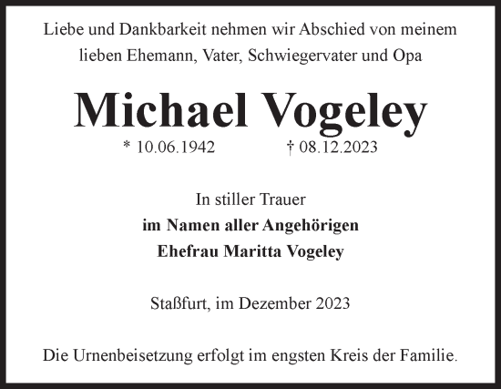 Traueranzeige von Michael Vogeley von Volksstimme Staßfurt