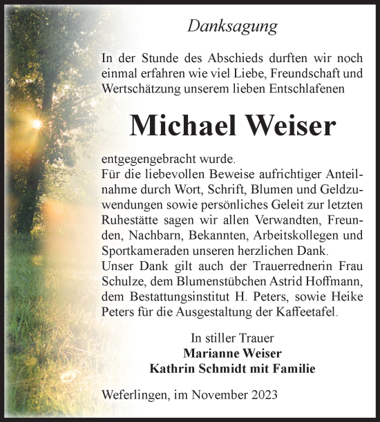 Traueranzeige von Michael Weiser von Volksstimme Haldensleben/Wolmirstedt