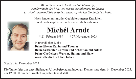 Traueranzeige von Michel Arndt von Volksstimme Altmark Ost