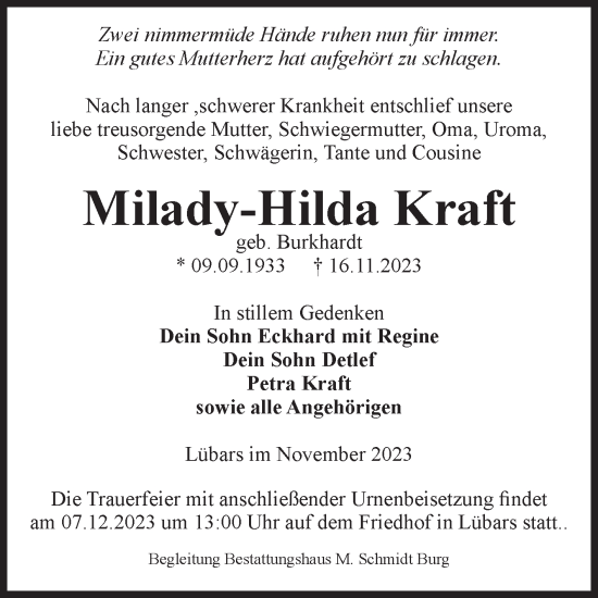 Traueranzeige von Milady-Hilda Kraft von Volksstimme Burg/Genthin