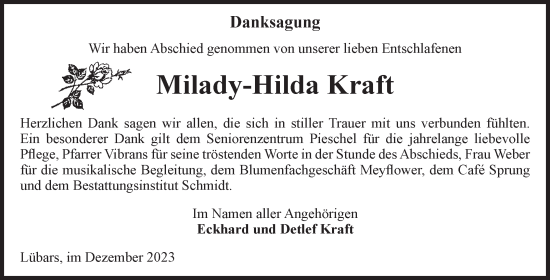 Traueranzeige von Milady-Hilda Kraft von Volksstimme Burg/Genthin