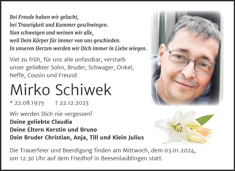  Traueranzeige für Mirko Schiwek vom 30.12.2023 aus Trauerkombi Bernburg