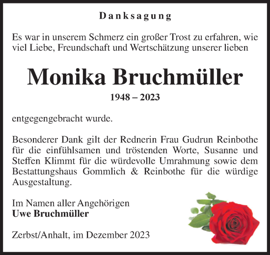 Traueranzeige von Monika Bruchmüller von Volksstimme Zerbst