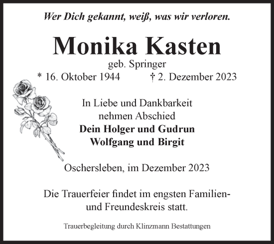 Traueranzeige von Monika Kasten von Volksstimme Oschersleben/Wanzleben